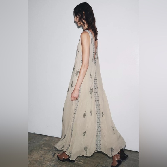 Zara zw collection gray beaded Floral Maxi Dress - Picture 3 of 9